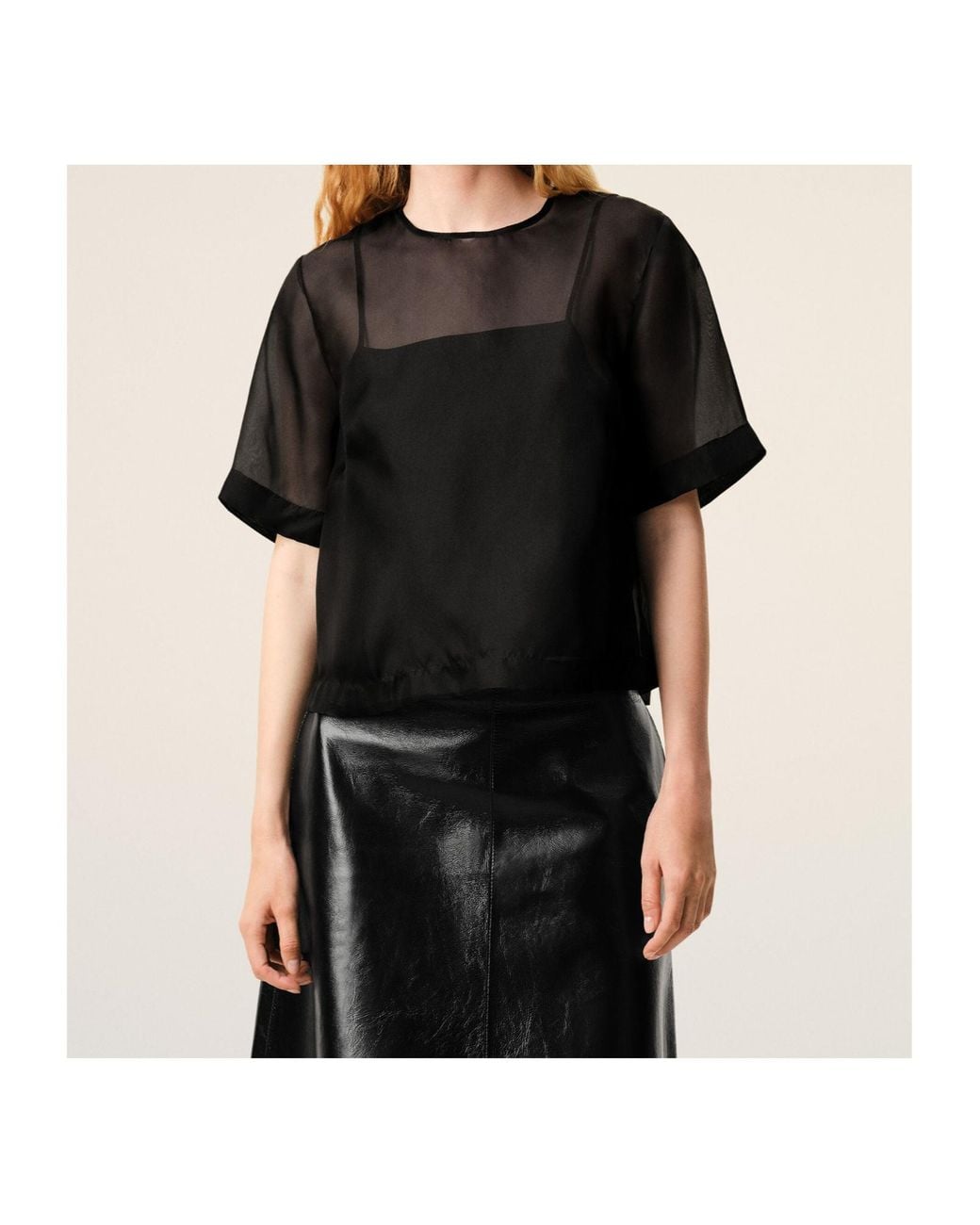 AMI Black Short-Sleeves Sheer Top