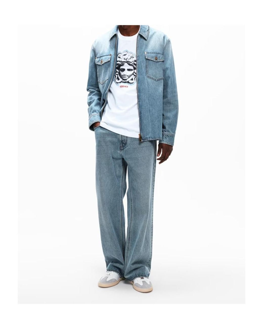 Versace Blue Stonewashed Long-Sleeve Denim Shirt for men