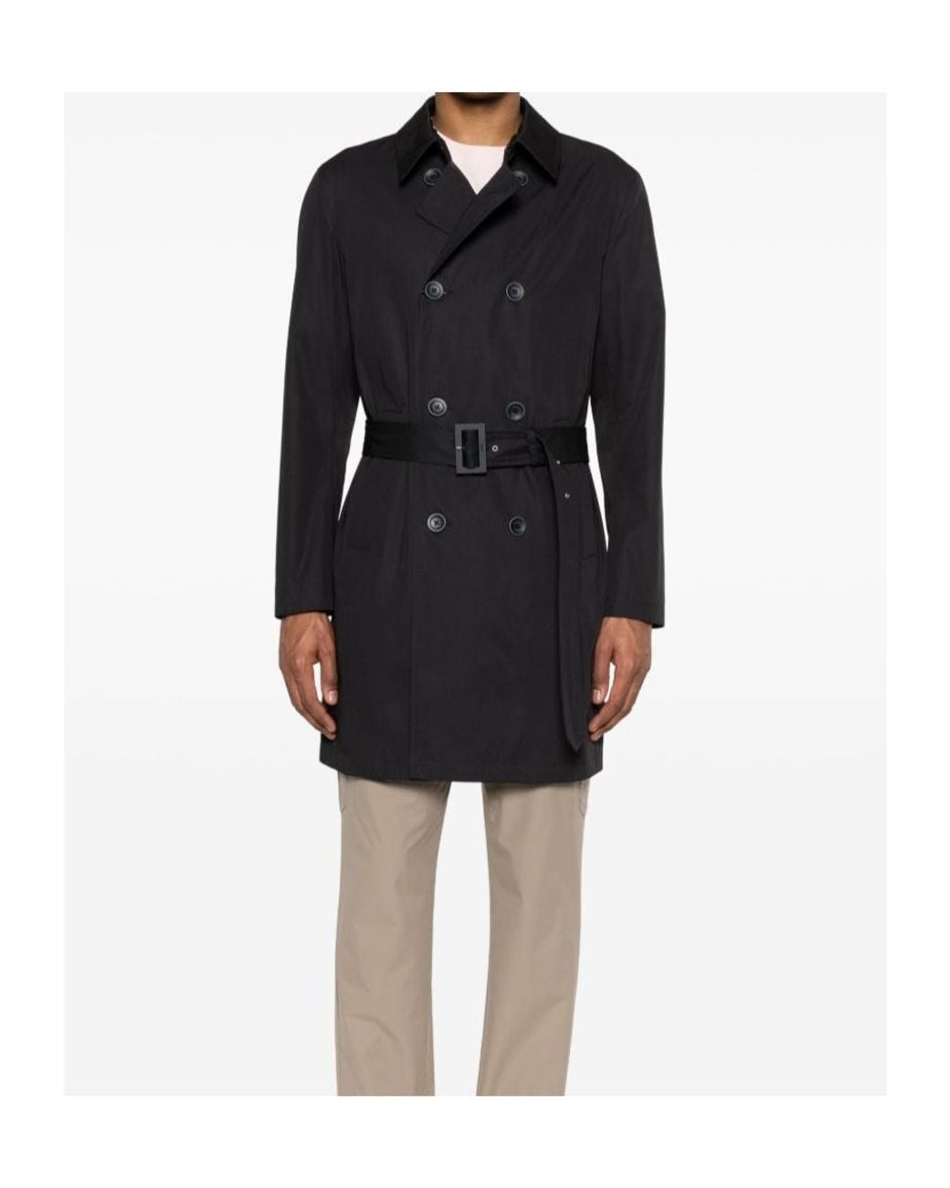 Herno Black Double-Breasted Belted Coat for men