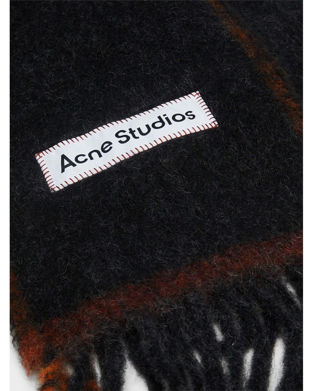Acne Black Logo Patch Fringed-Edge Scarf