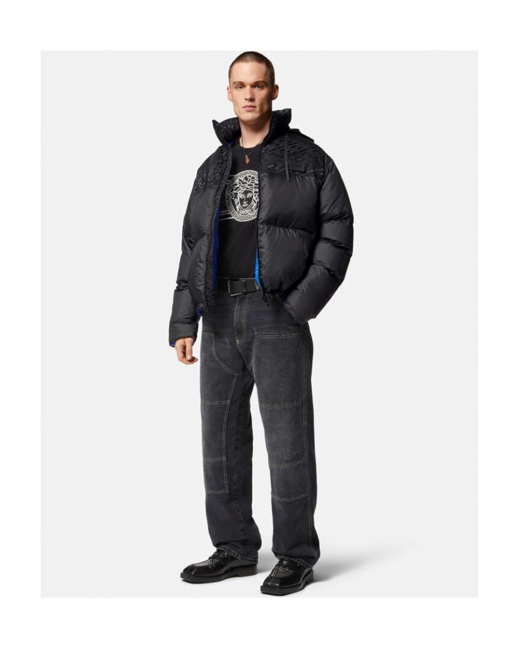Versace Blue Logo Patch Zip-Up Padded Jacket for men