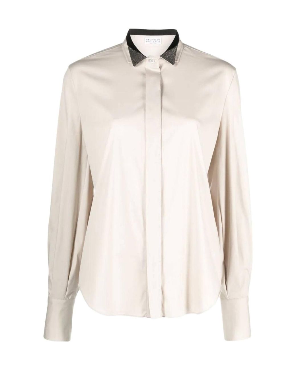 Brunello Cucinelli Natural Monili-Collar Long-Sleeve Blouse