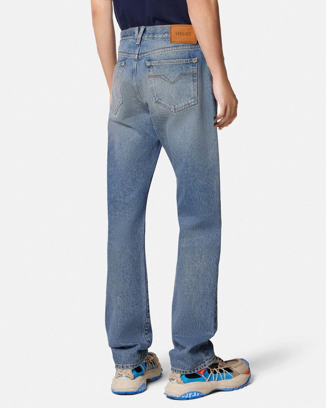 Versace Blue Logo Patch Straight-Leg Jeans for men