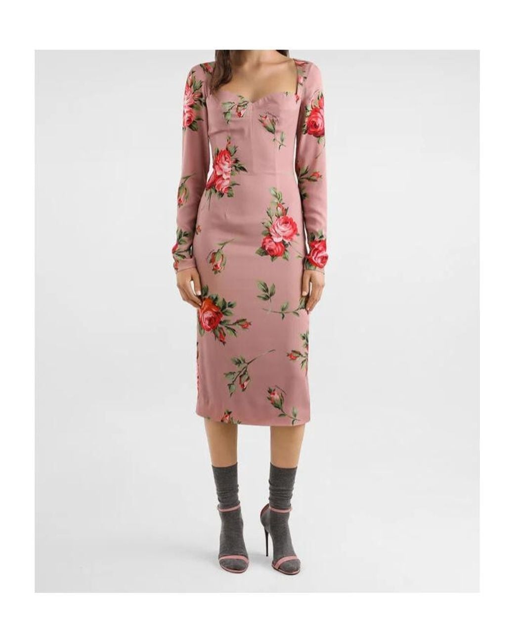 Dolce & Gabbana Pink Long-Sleeved Floral-Print Midi Dress