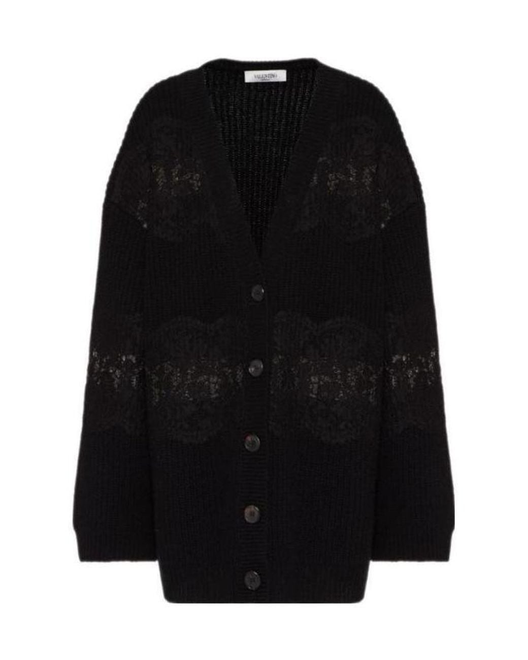 Valentino Black Lace-Insert Wool Cardigan