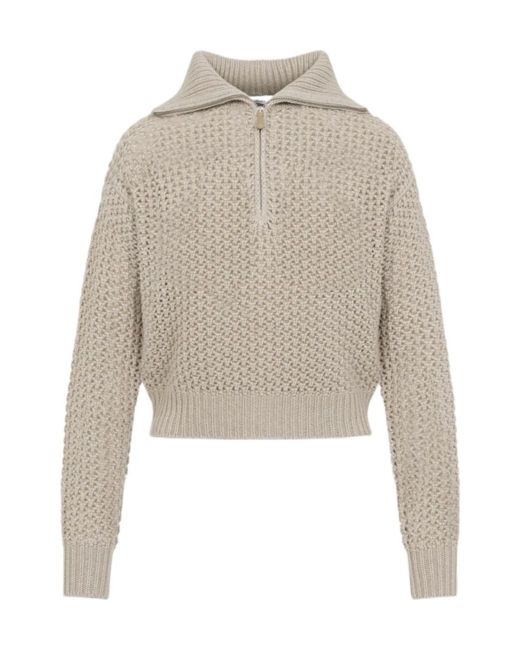 Max Mara Natural Tequila Open-Knit Zip Detailed Jumper
