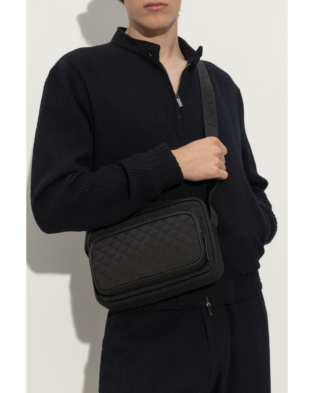Emporio Armani Black Logo Jacquard Zip-Up Shoulder Bag for men