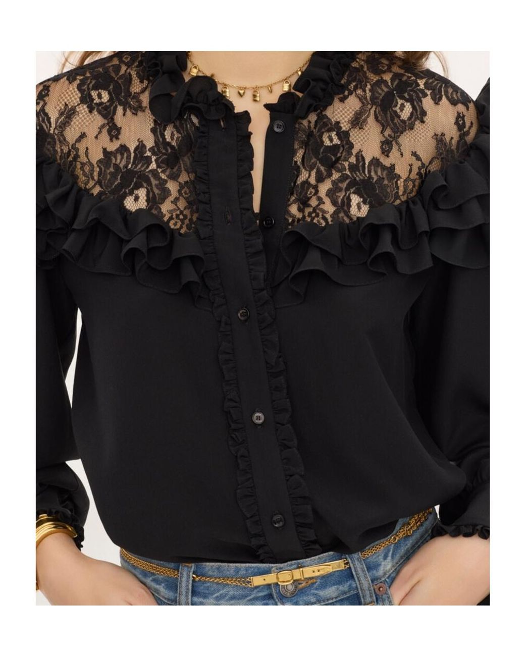 Chloé Black Chloé High-Neck Laced Ruffled Blouse