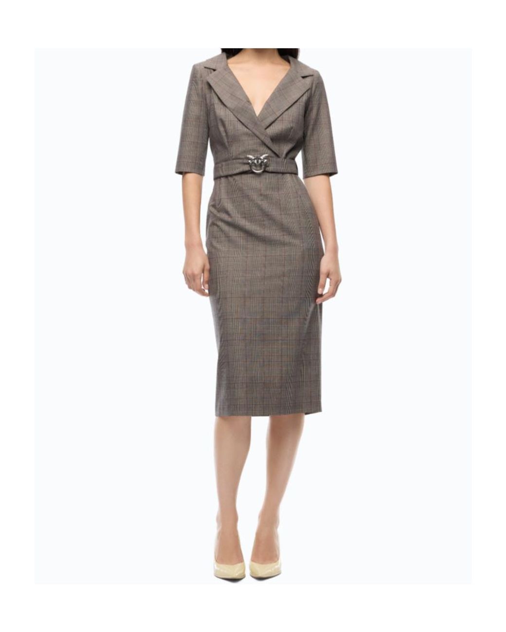 Pinko Brown Prince Of Wales-Check Belted Midi Dress