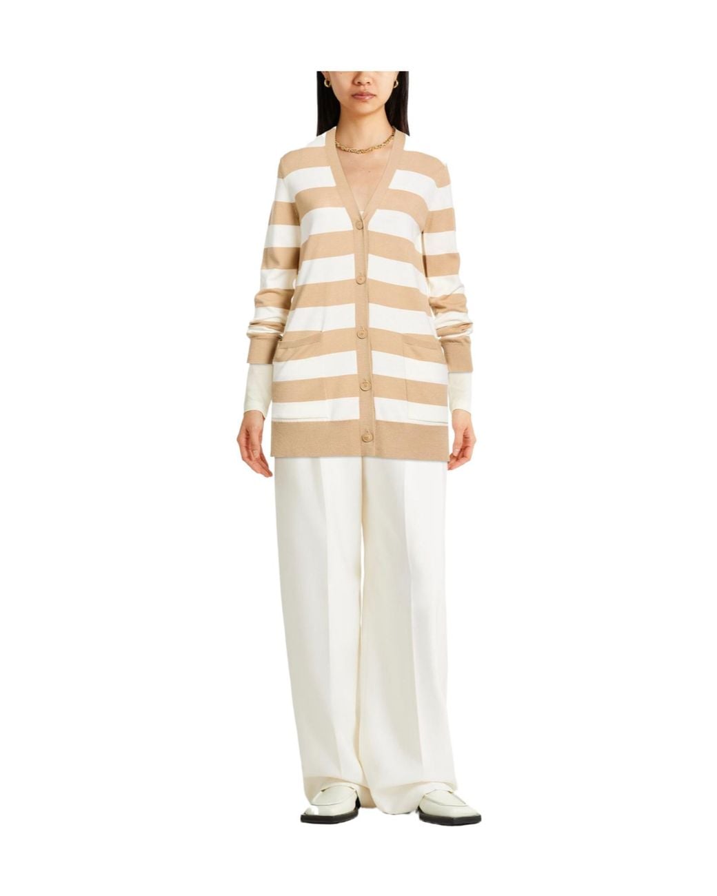 Max Mara Natural Striped Wool Knit Coat