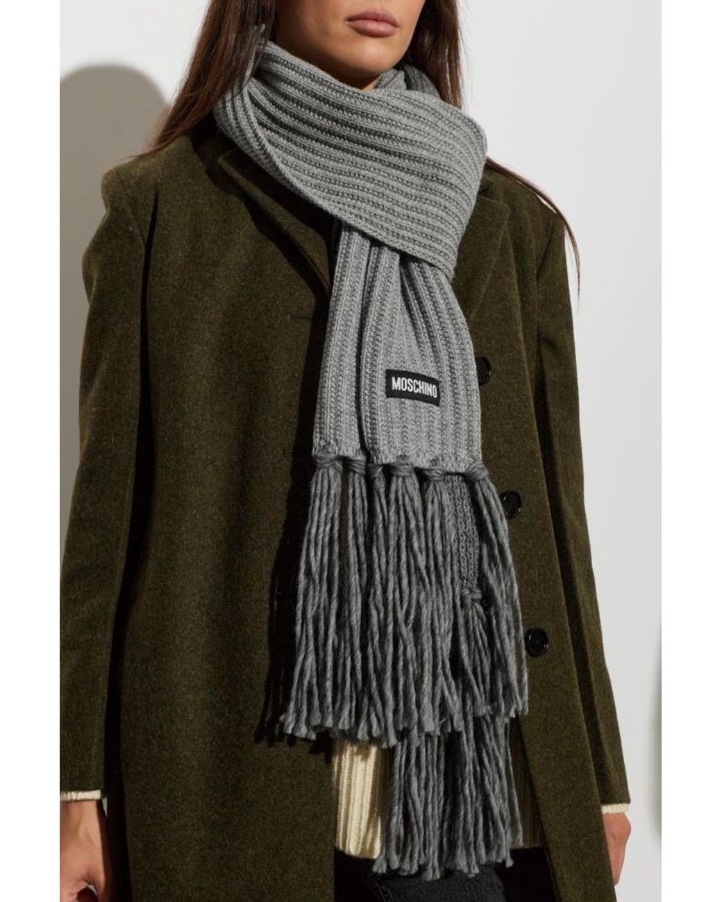 Moschino Gray Ribbed-Knit Fringed Scarf for men