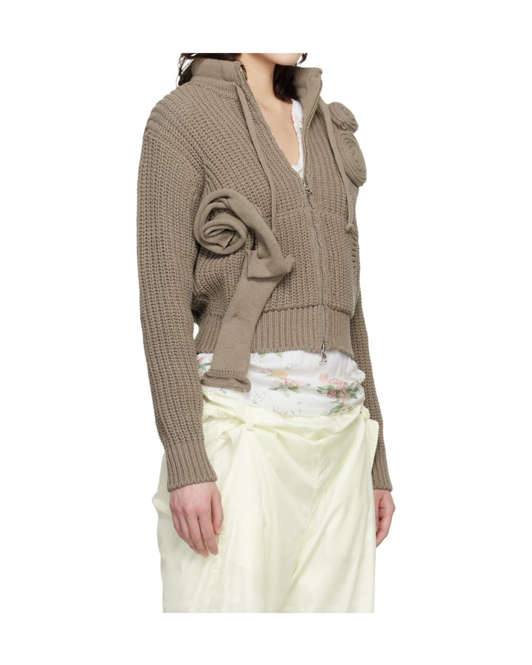 OPEN YY Natural Appliqué Knitted Zip-Up Sweater