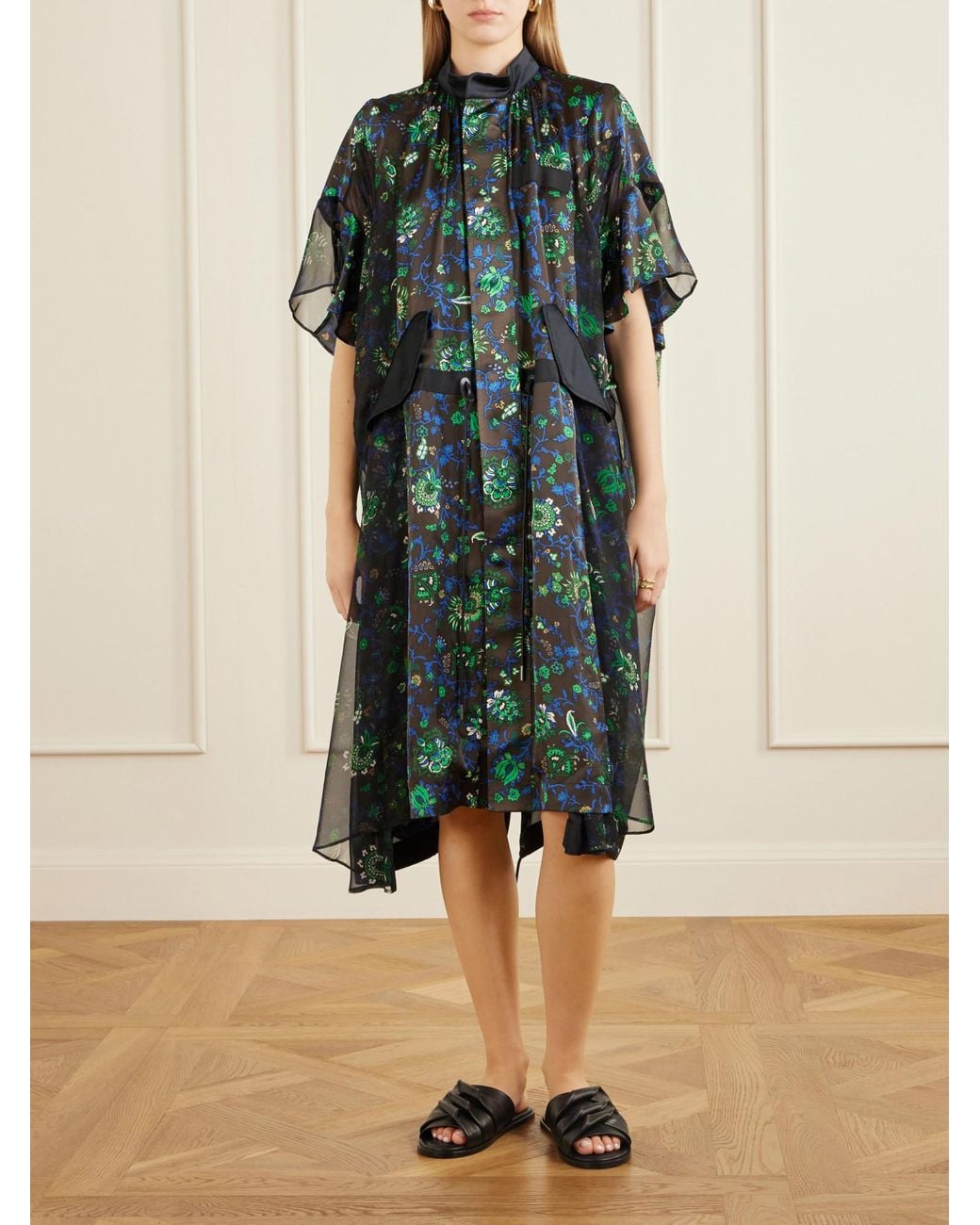 Sacai Green Floral-Print Satin Midi Dress