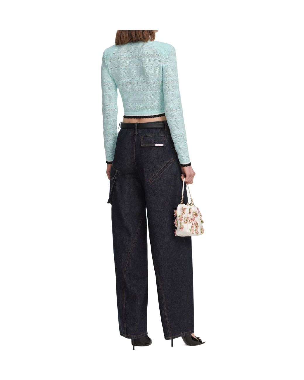 Self-Portrait Blue Pointelle Cropped Cardigan