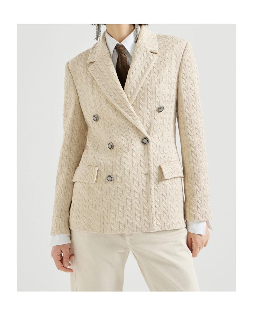 Brunello Cucinelli Natural Sparkling Cotton And Viscose English Rib Knit Blazer With Monili