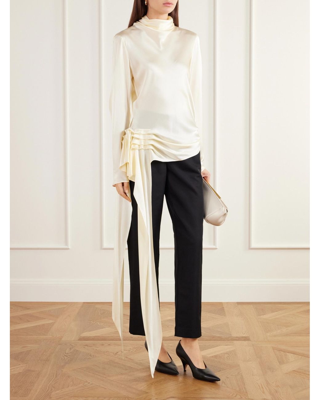 Kallmeyer White Gathered Silk-Charmeuse Blouse