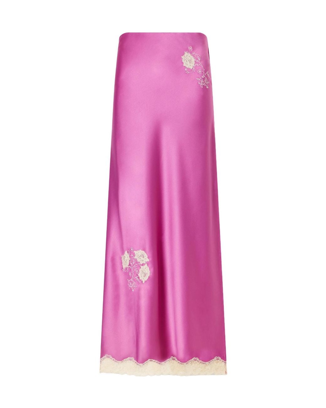 Anna Sui Pink Lace-Trimmed Embroidered Satin Midi Skirt