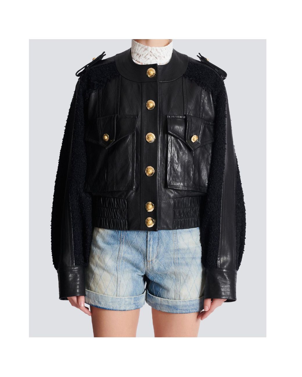 Balmain Black Tweed-Trim Leather Jacket