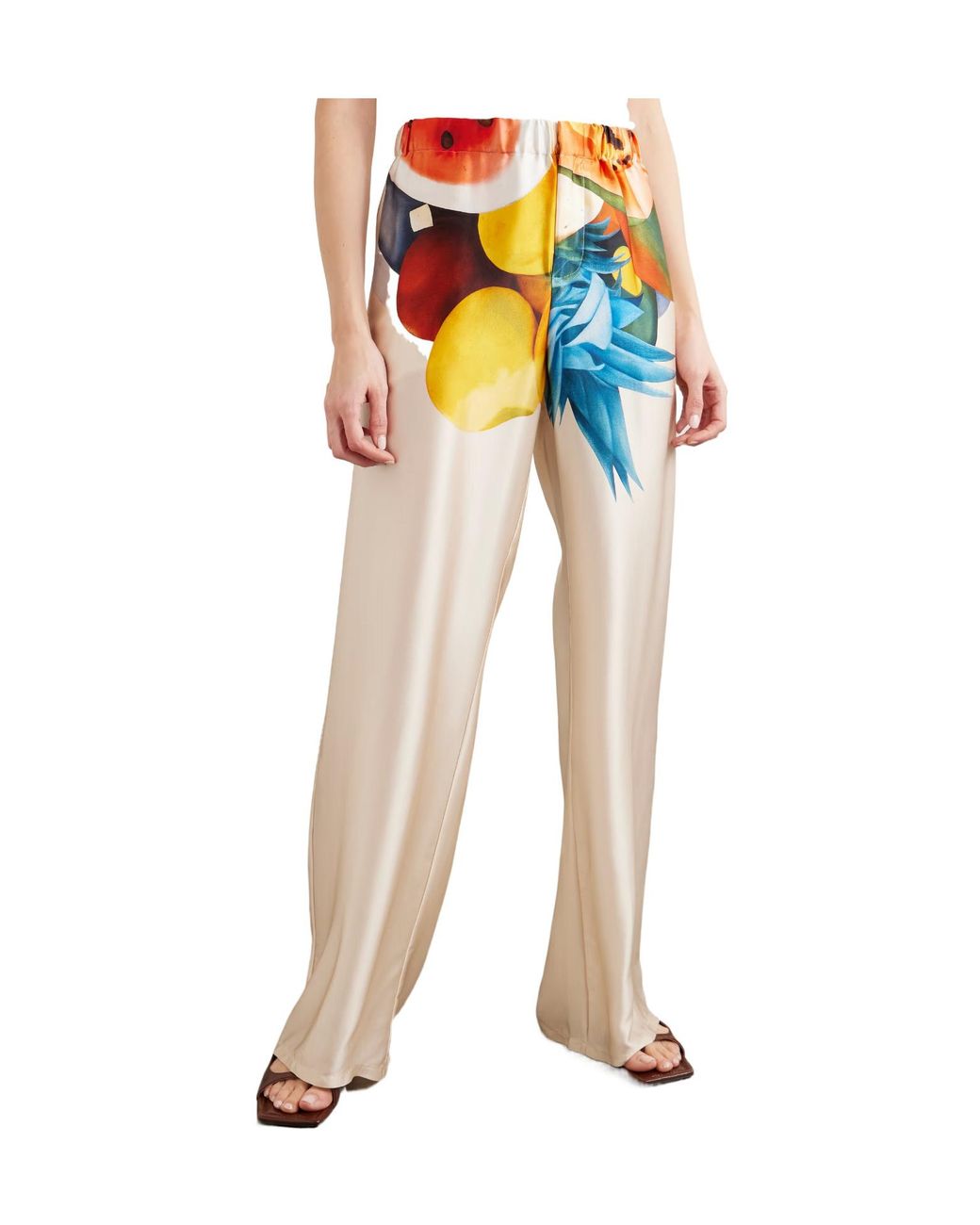 Donde Esteban White Printed Silk-Blend Wide-Leg Pants