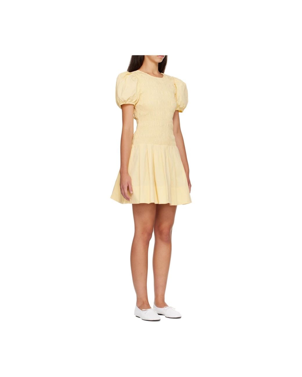 Ganni Yellow Smocked Balloon-Sleeve Mini Dress