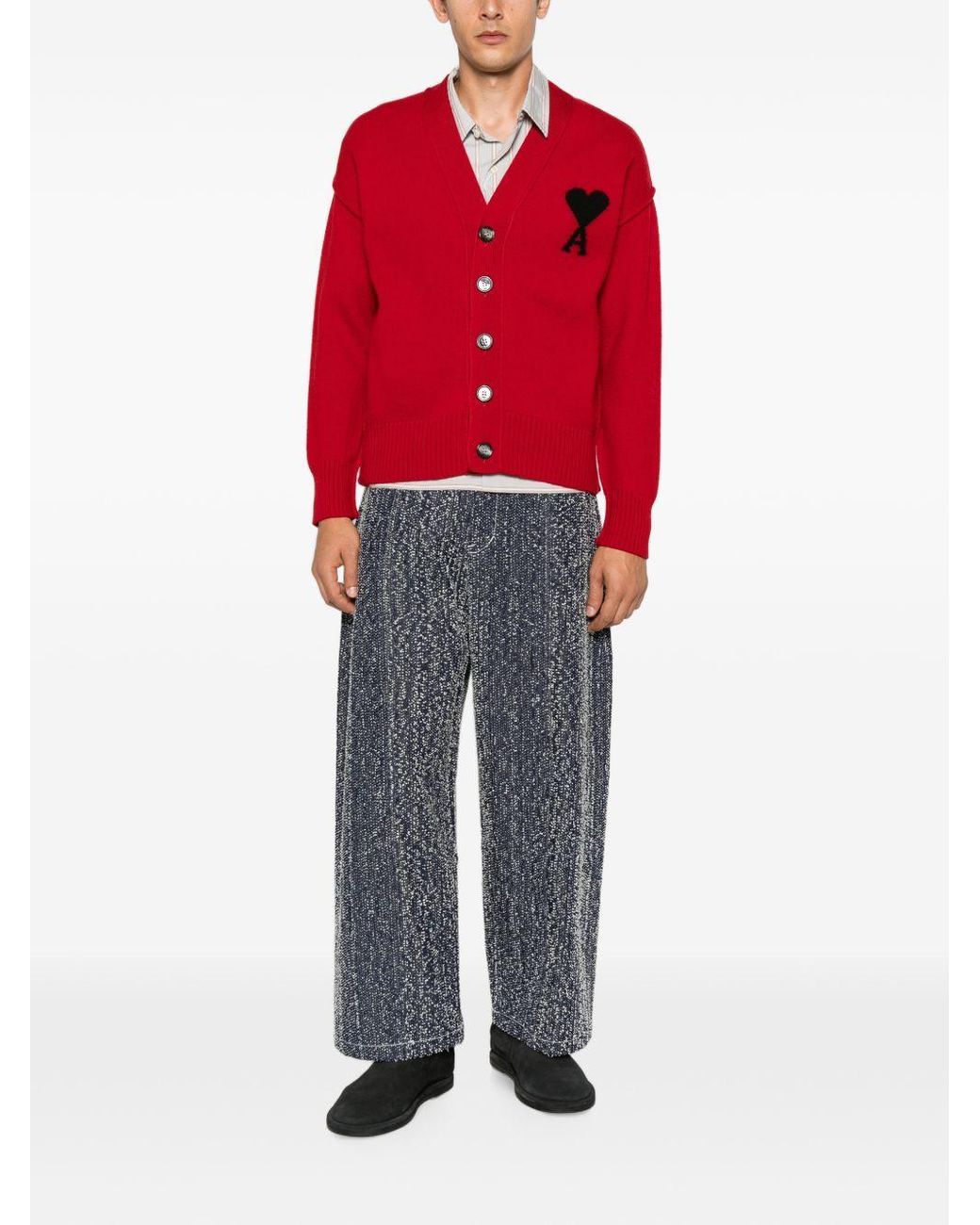 AMI Red Ami Ami De Coeur Logo Intarsia-Knit Cardigan for men