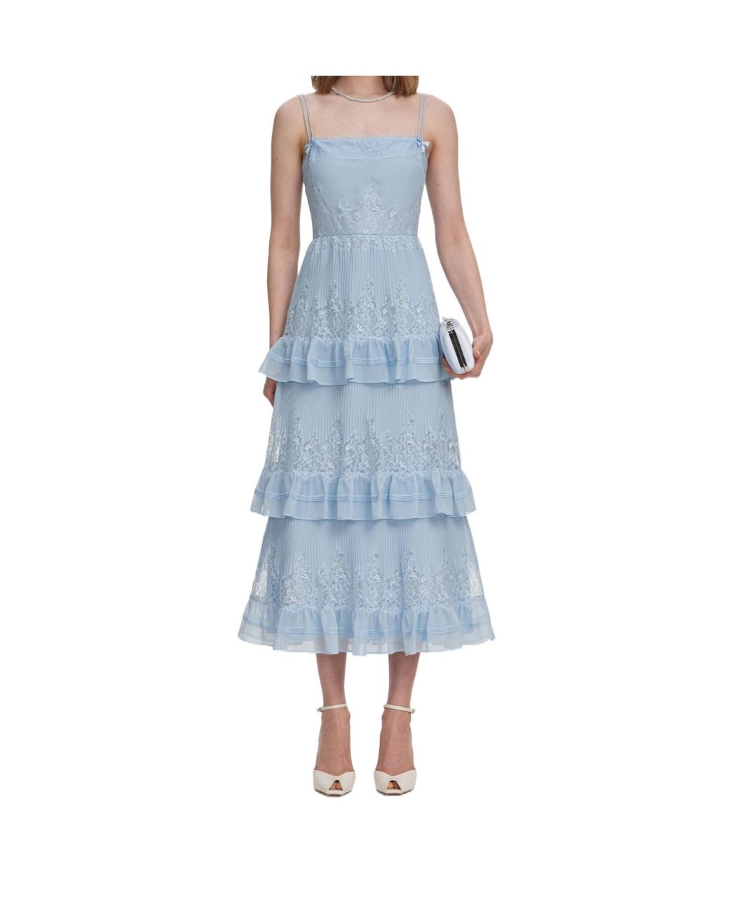 Self-Portrait Blue Lace-Trimmed Ruffled Midi Dress