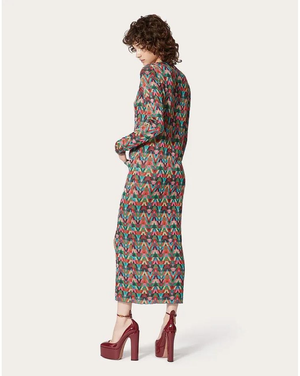 Valentino Brown Jacquard Optical-Pattern Lurex Long Cardigan