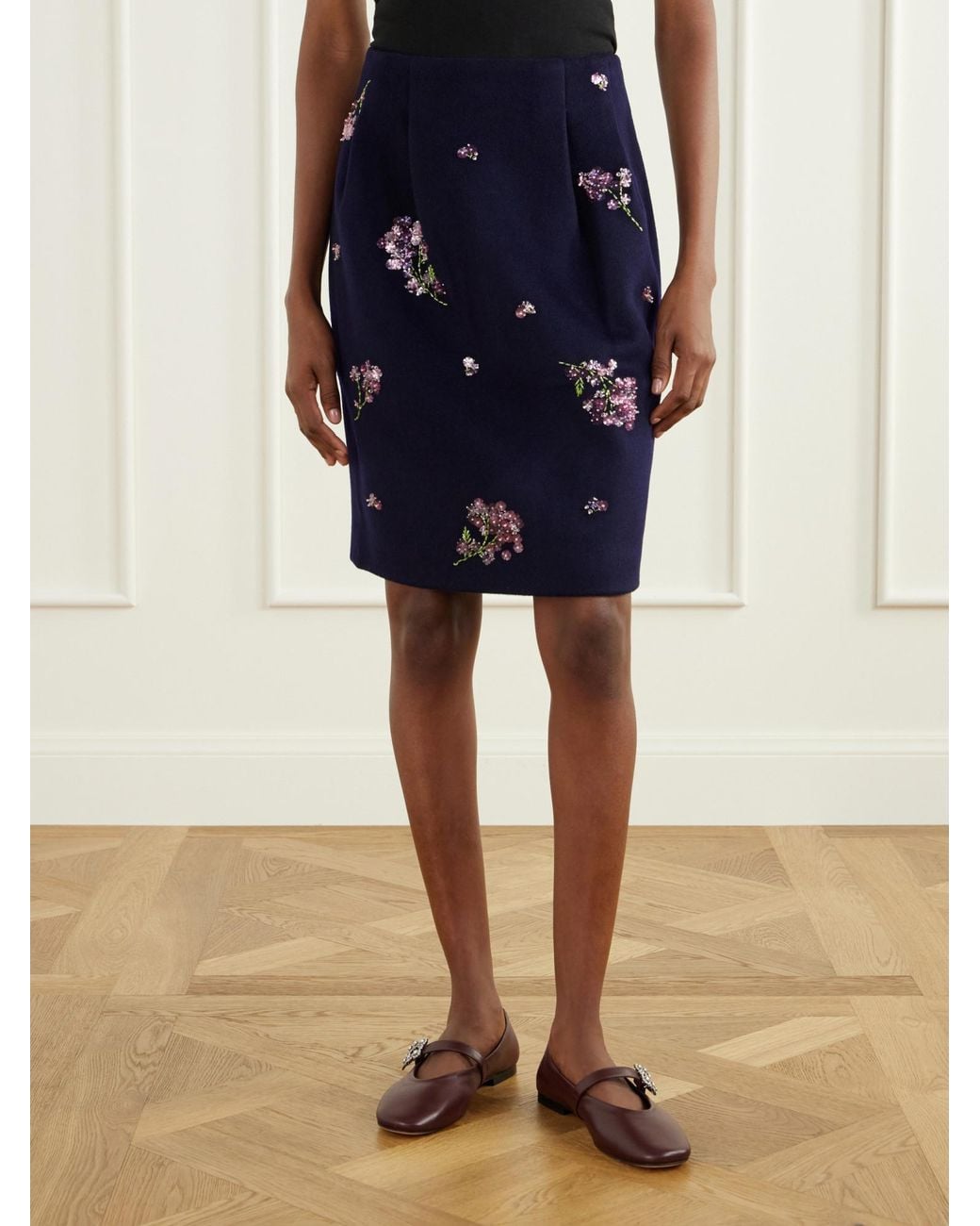 ShuShu/Tong Blue Embellished Wool Midi Skirt
