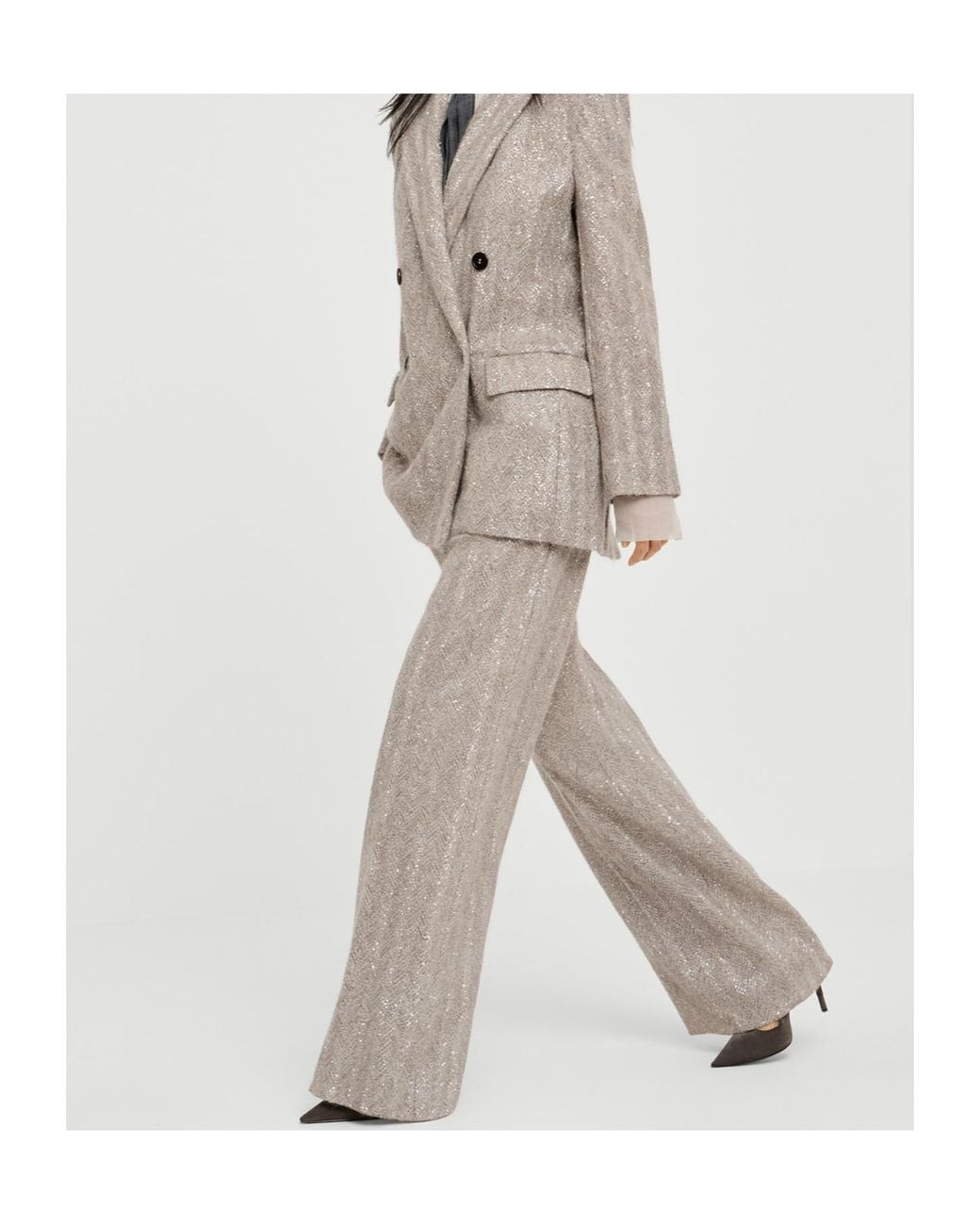 Brunello Cucinelli Gray Dazzling Chevron Embroidery Loose Pleated Trousers