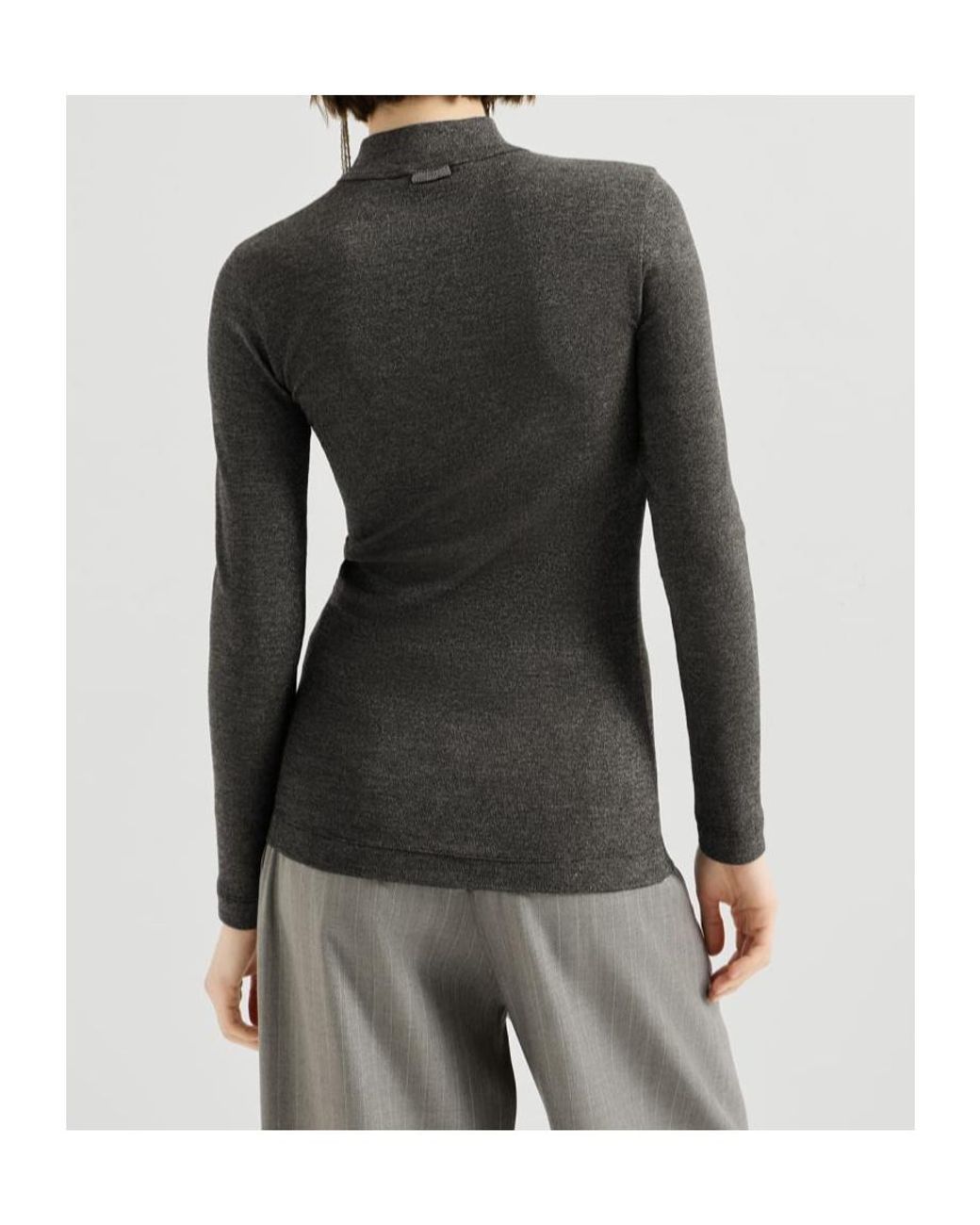 Brunello Cucinelli Black Sparkling Virgin Wool Mock Neck Long Sleeve T-Shirt With Monili