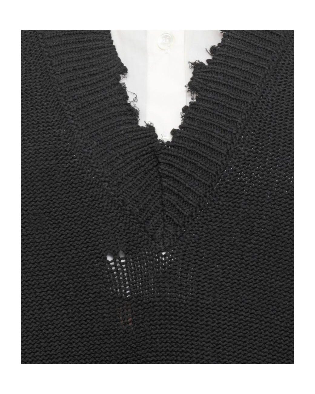 MM6 by Maison Margiela Black Frayed V-Neck Knitted Dress