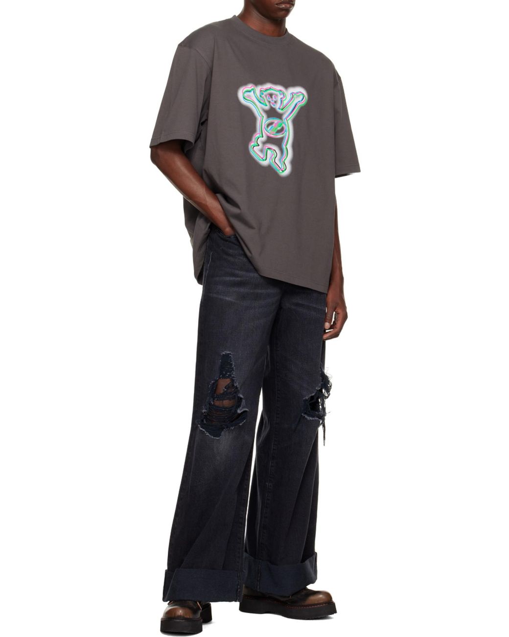 we11done Gray Graphic-Print Cotton T-Shirt for men