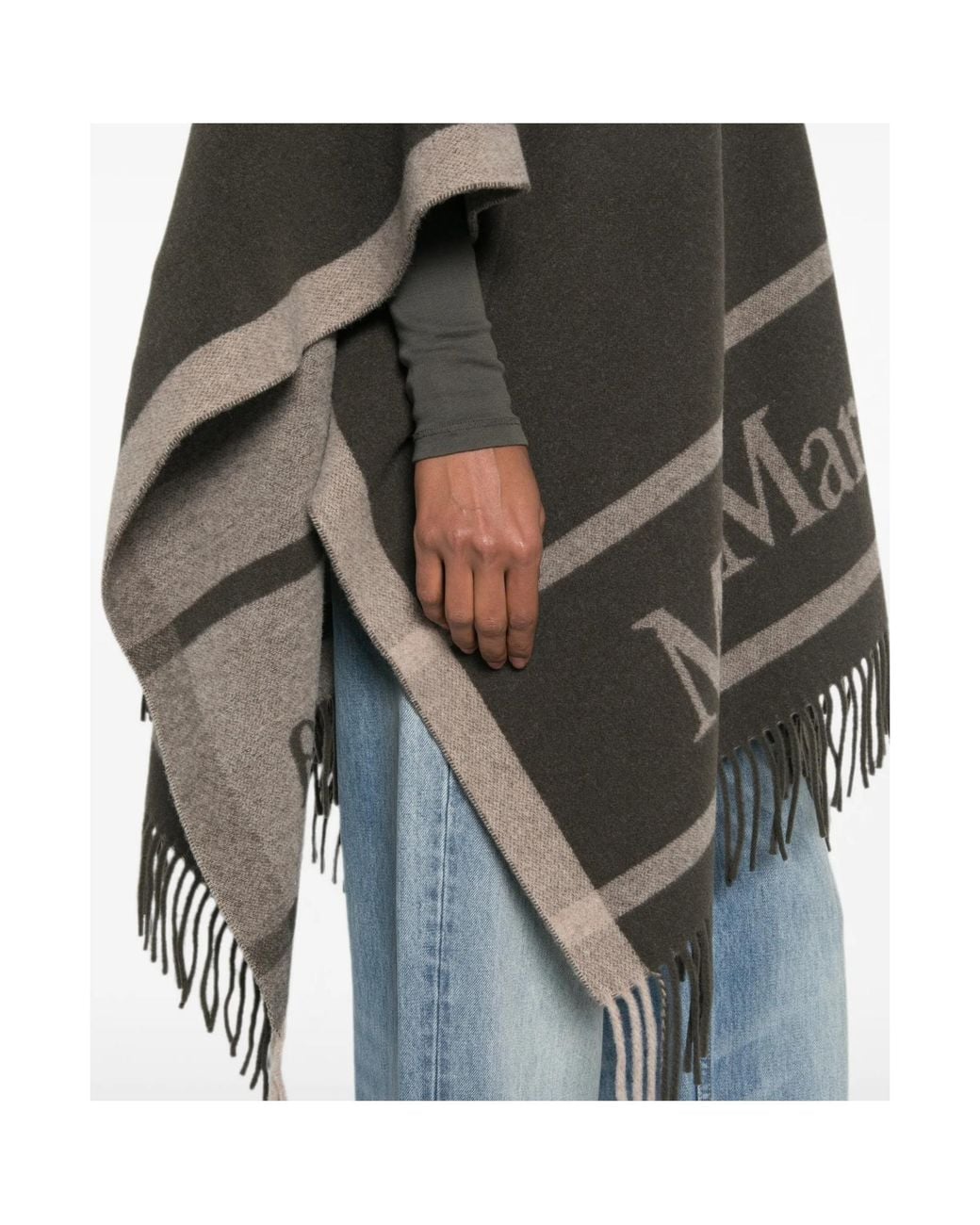 Max Mara Black Fringed Logo Jacquard Shawl