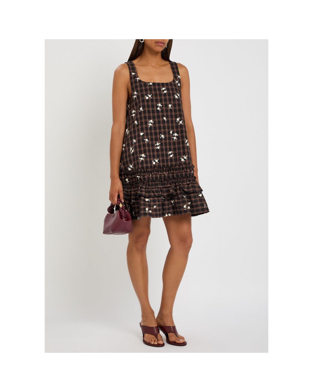 Ganni Brown Plaid Floral Embroidered Dress
