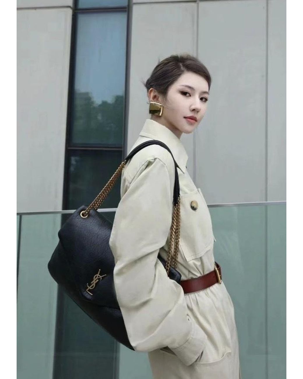 Saint Laurent Natural Saharienne Belted Dress