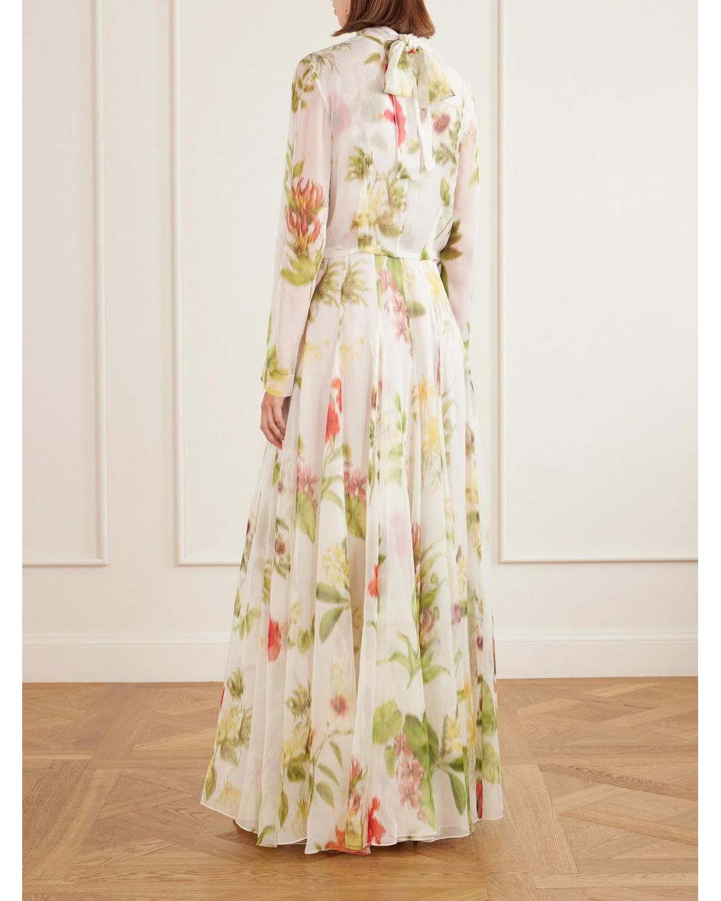Oscar de la Renta Metallic Dominican Floral-Print Silk-Chiffon Gown