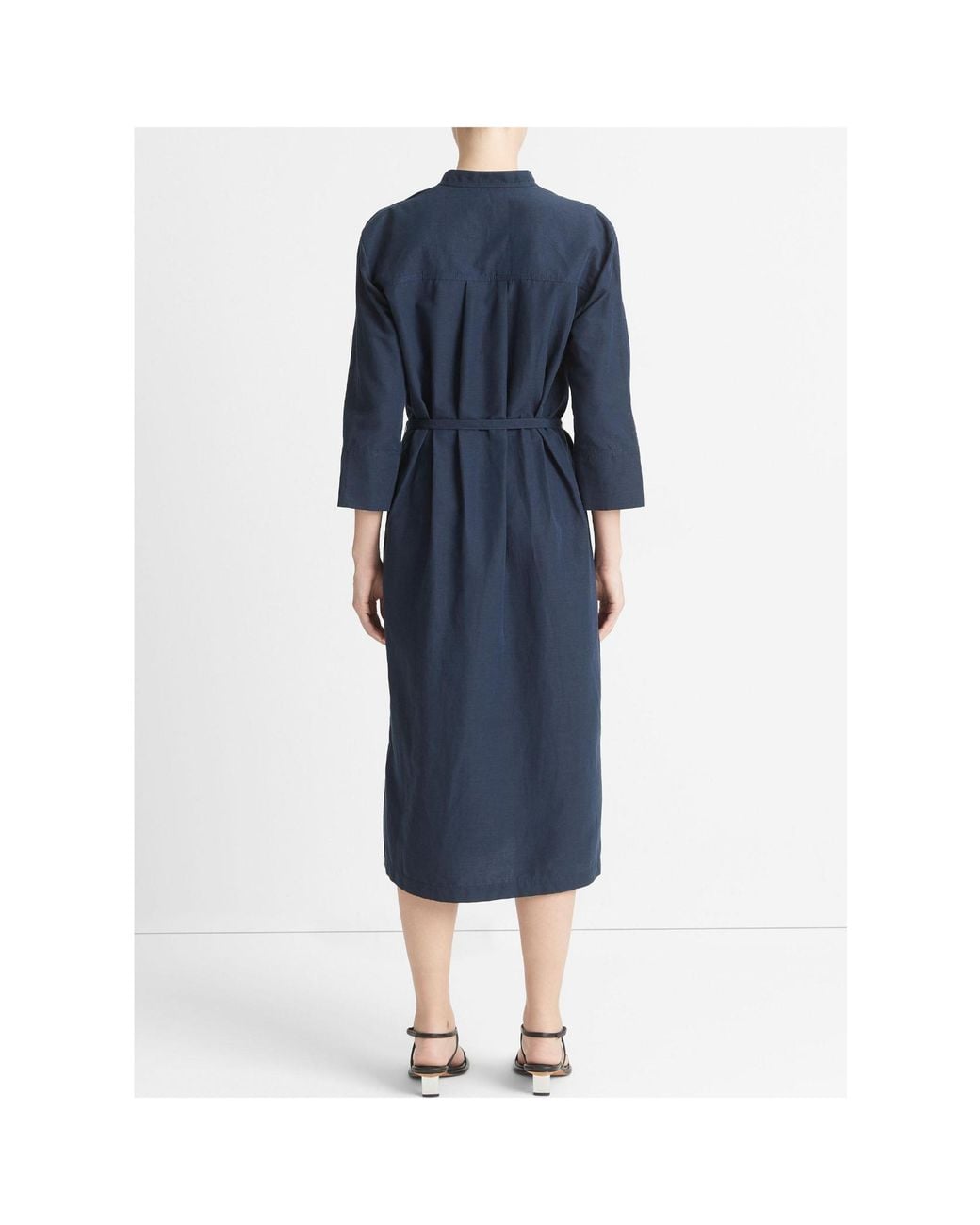 Vince Blue Band-Collar V-Neck Midi Dress