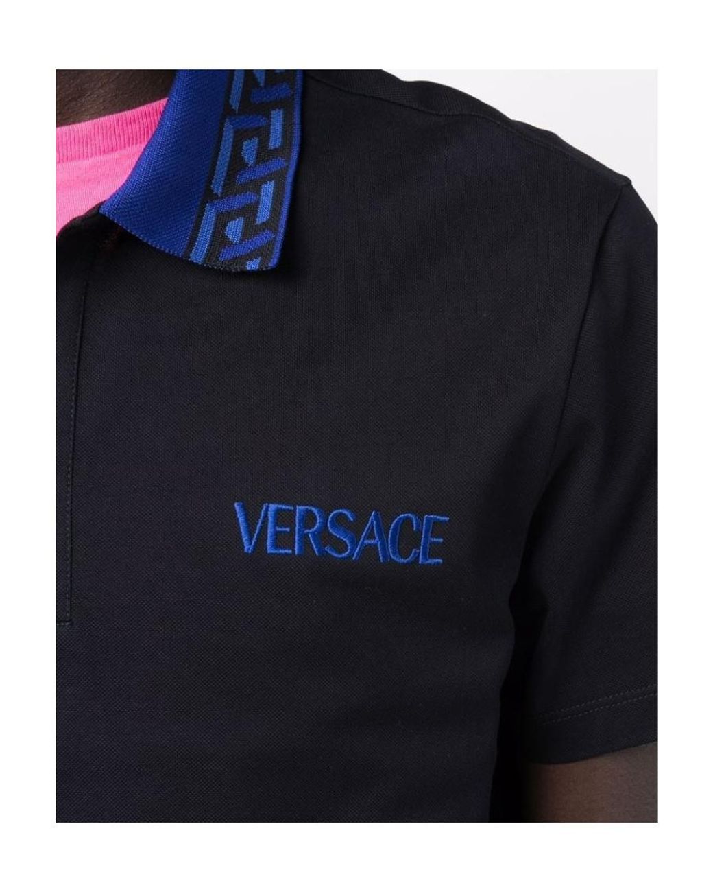 Versace Black Intarsia Logo Short-Sleeved Polo Shirt for men