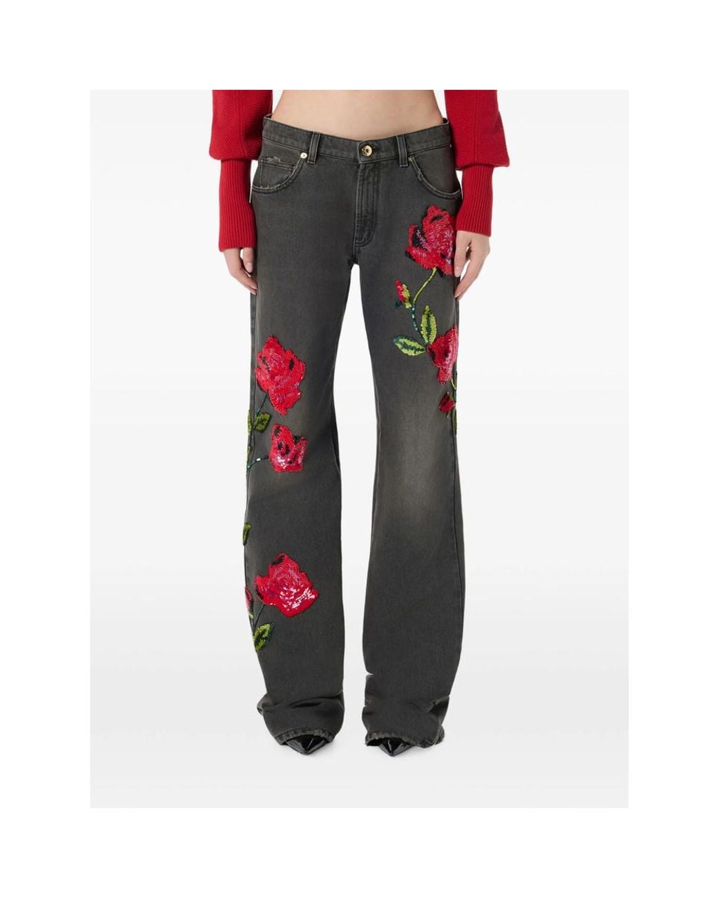 Blumarine Red Wide-Leg Jeans With Sequin Embroidery