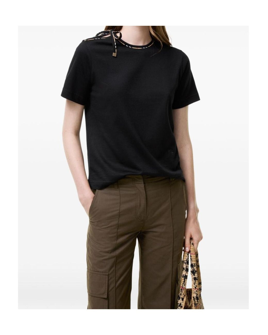 Burberry Black Checked-Trim Tied-Detail T-Shirt