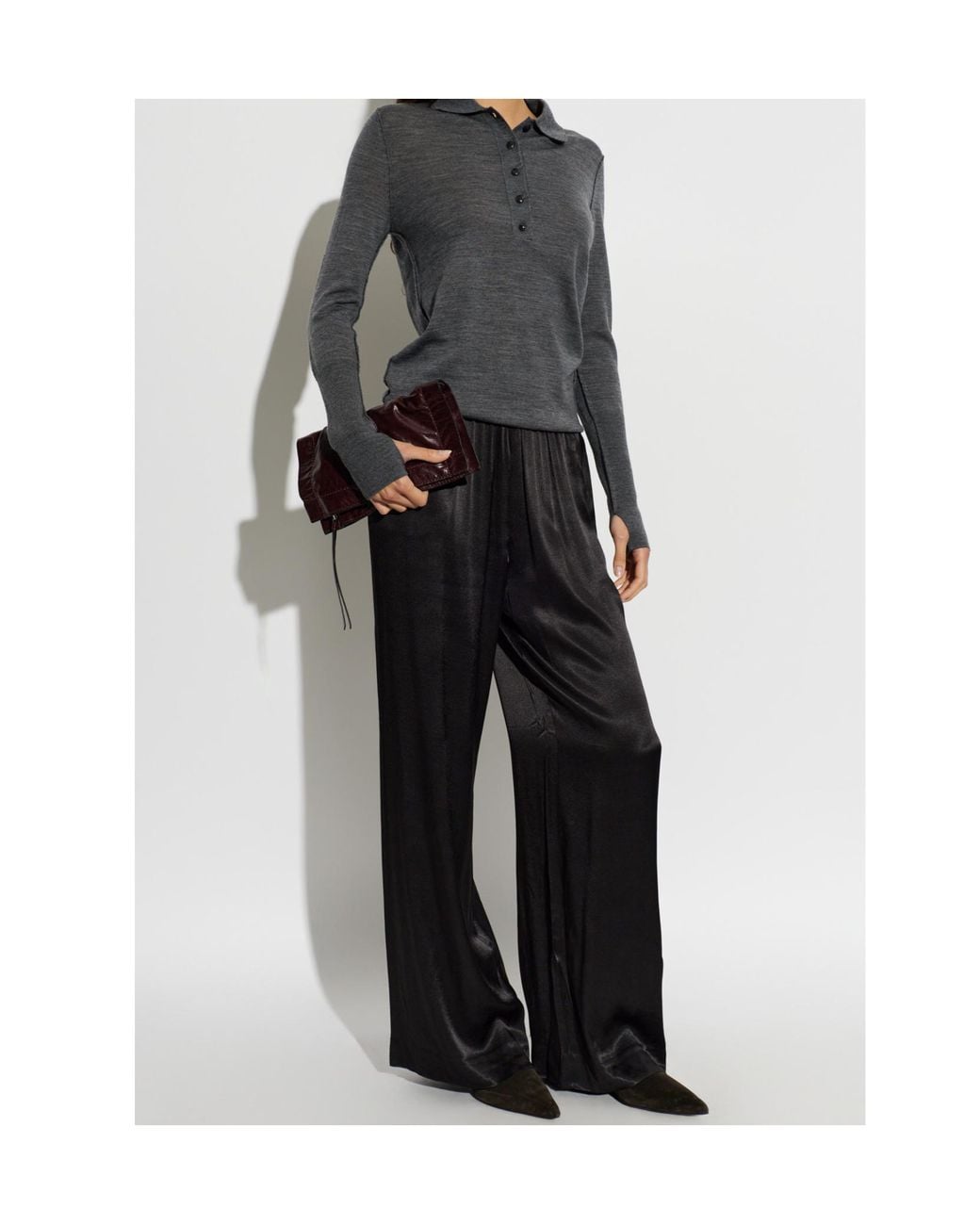 AllSaints Gray Martel Long-Sleeve Polo-Collar Knit Top