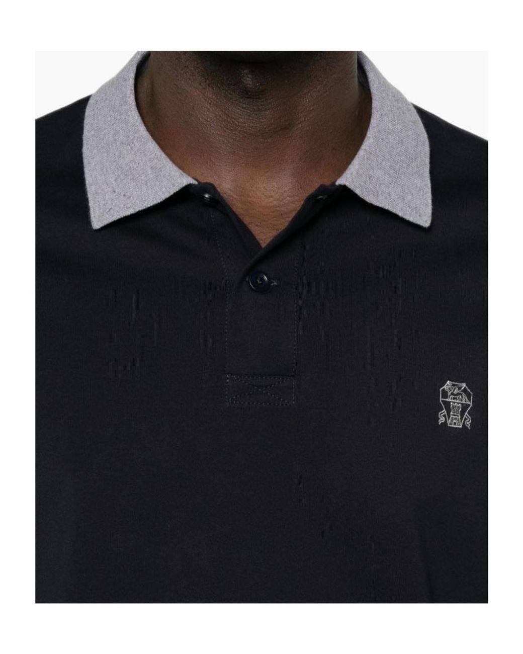 Brunello Cucinelli Black Logo Embroidered Long-Sleeved Polo Shirt for men