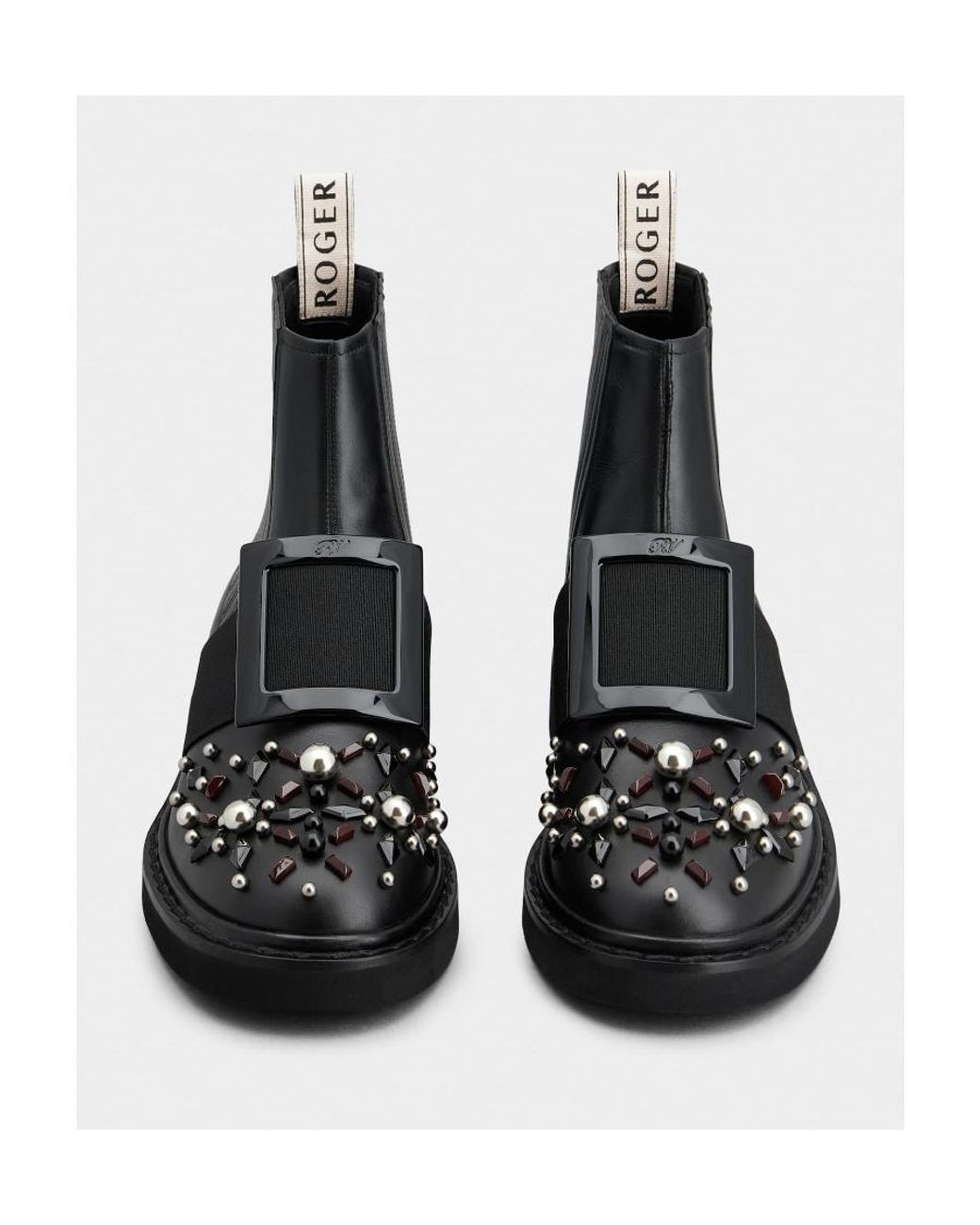 Roger Vivier Black Viv' Rangers Studs Lacquered Buckle Chelsea Ankle Boots