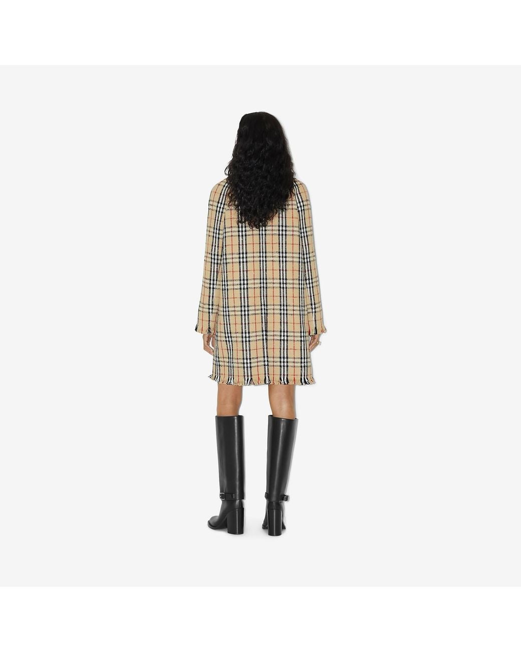 Burberry Natural Checked Fringed-Edge Buttoned Coat