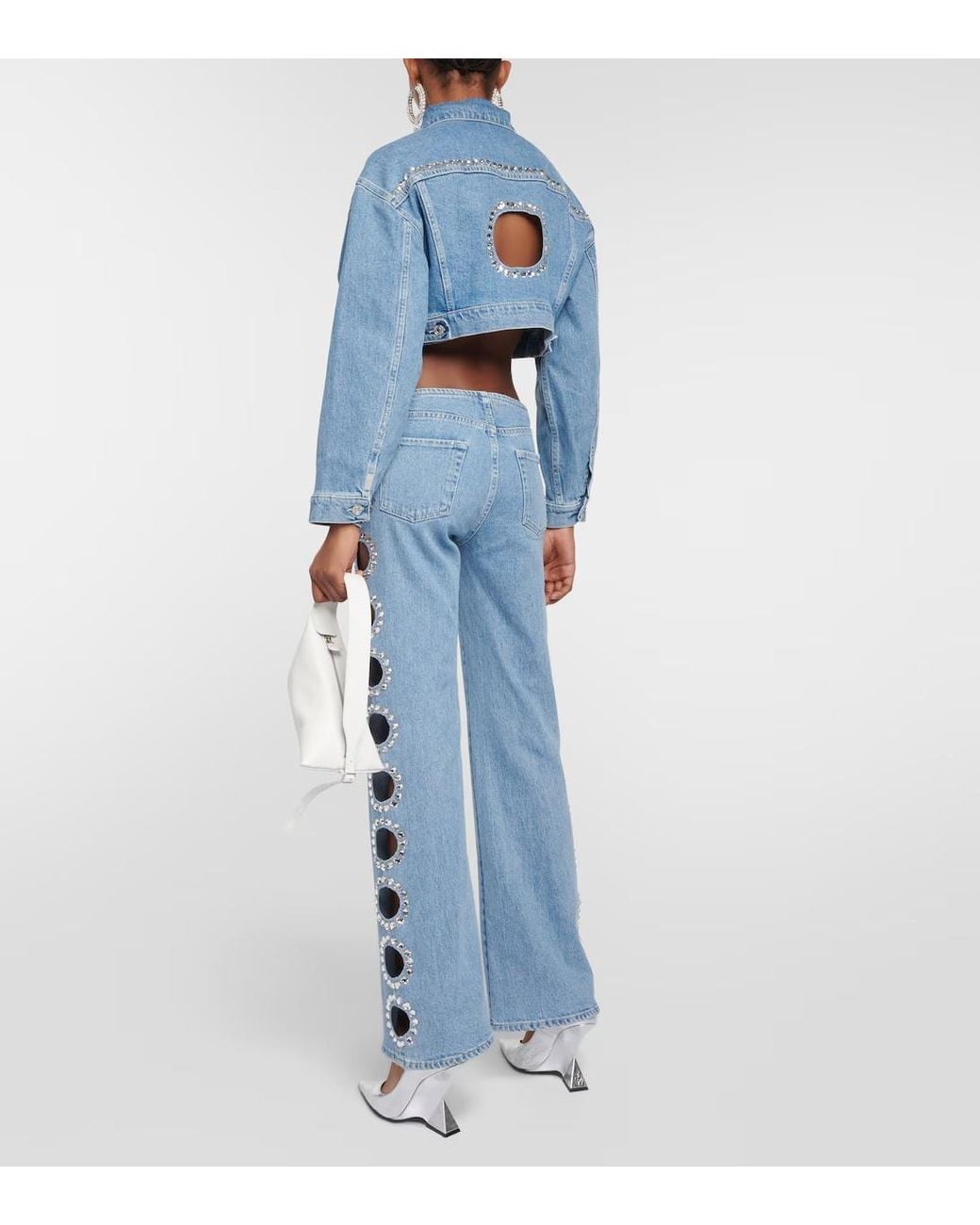 7 For All Mankind Blue Babe Embellished Cropped Denim Jacket