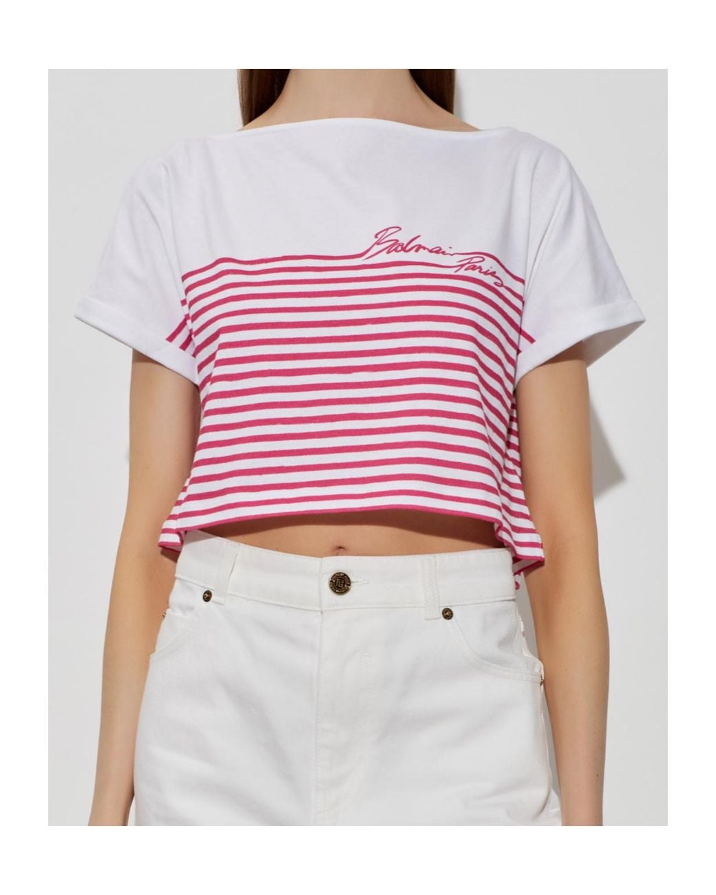Balmain Pink Mariniere Cropped T-Shirt