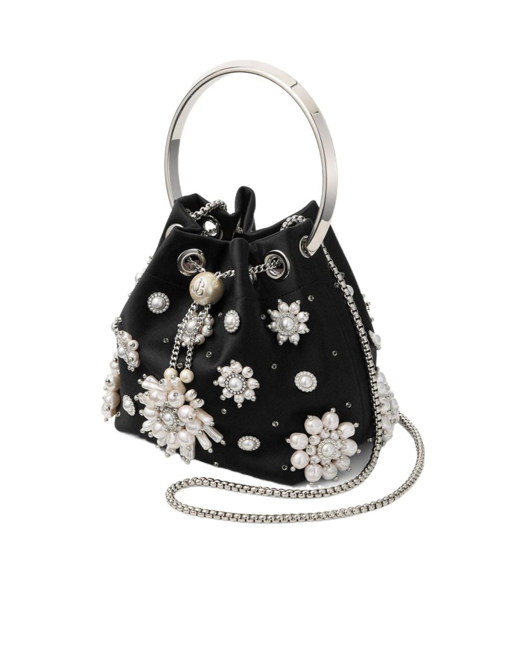 Jimmy Choo Black Satin Bucket Bag With Floral Pearl Embroidery