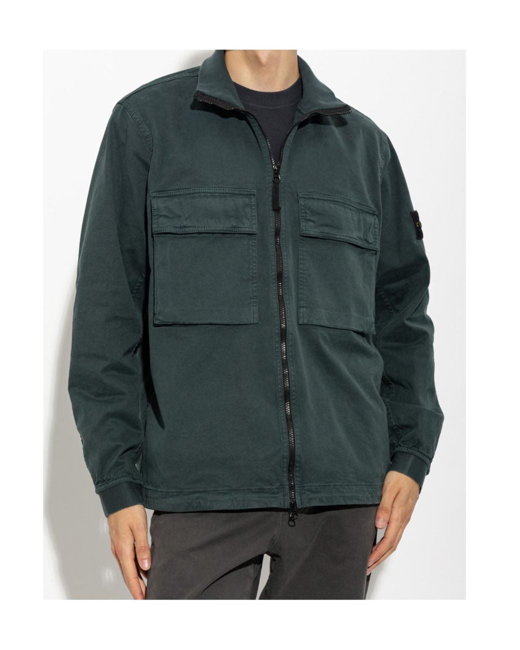 Stone Island Green Logo Patch Zip-Up Overshirt for men