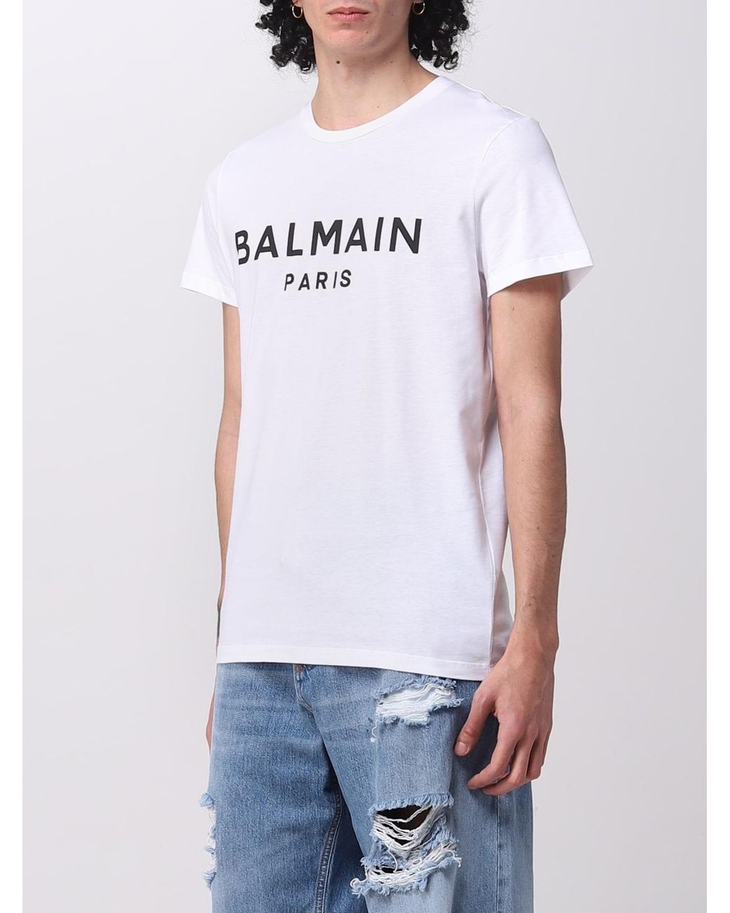 Balmain White Logo Printed Crewneck T-Shirt for men