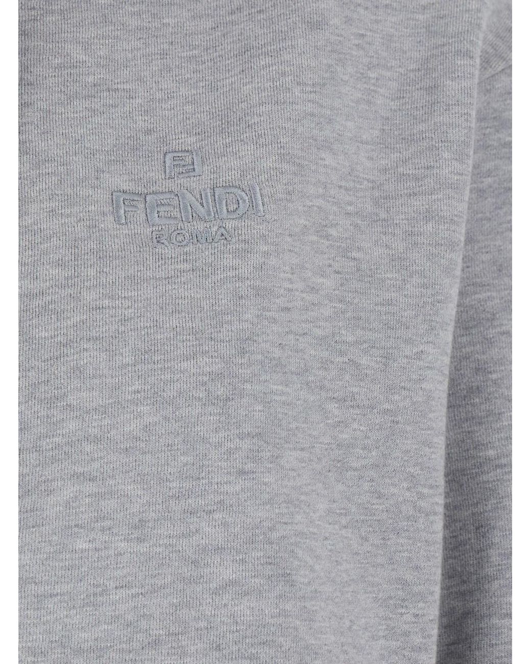 Fendi Gray Logo Embroidered Zip-Up Drawstring Hoodie